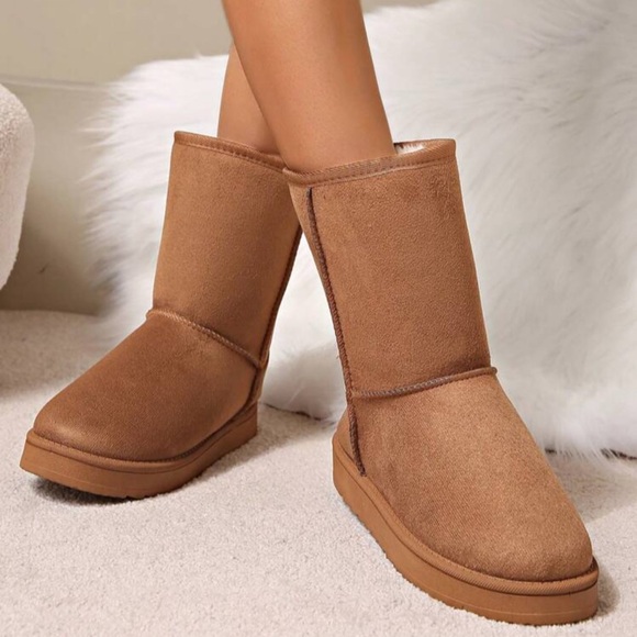 Women’s Solid Color Tan Fleece Mid-Calf Warm Snow Boots - Picture 4 of 4